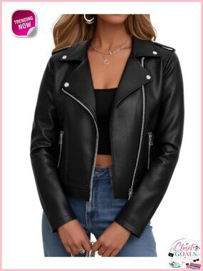 Faux Leather Cropped Moto Biker Jacket Zip Up Women's Coat